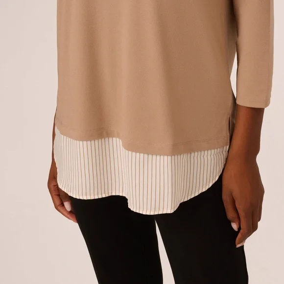 Adrianna Papell Three Quarter Sleeve Sweater Tan Ivory Stripe Top NWT Size S‎ - Picture 4 of 5